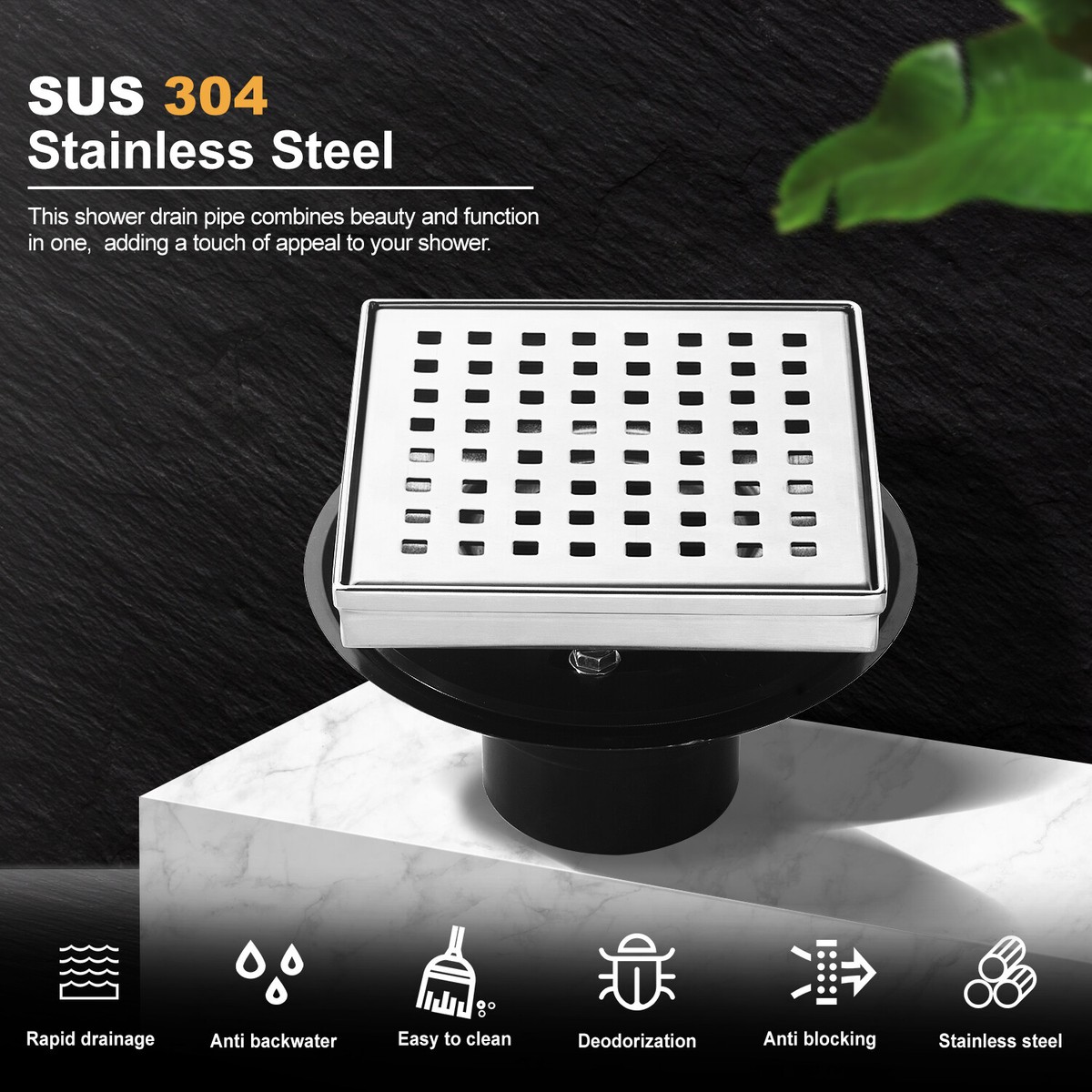 YANCASENO 4" Square Shower Drain – Stainless Steel, Removable Grate, Brushed Nickel