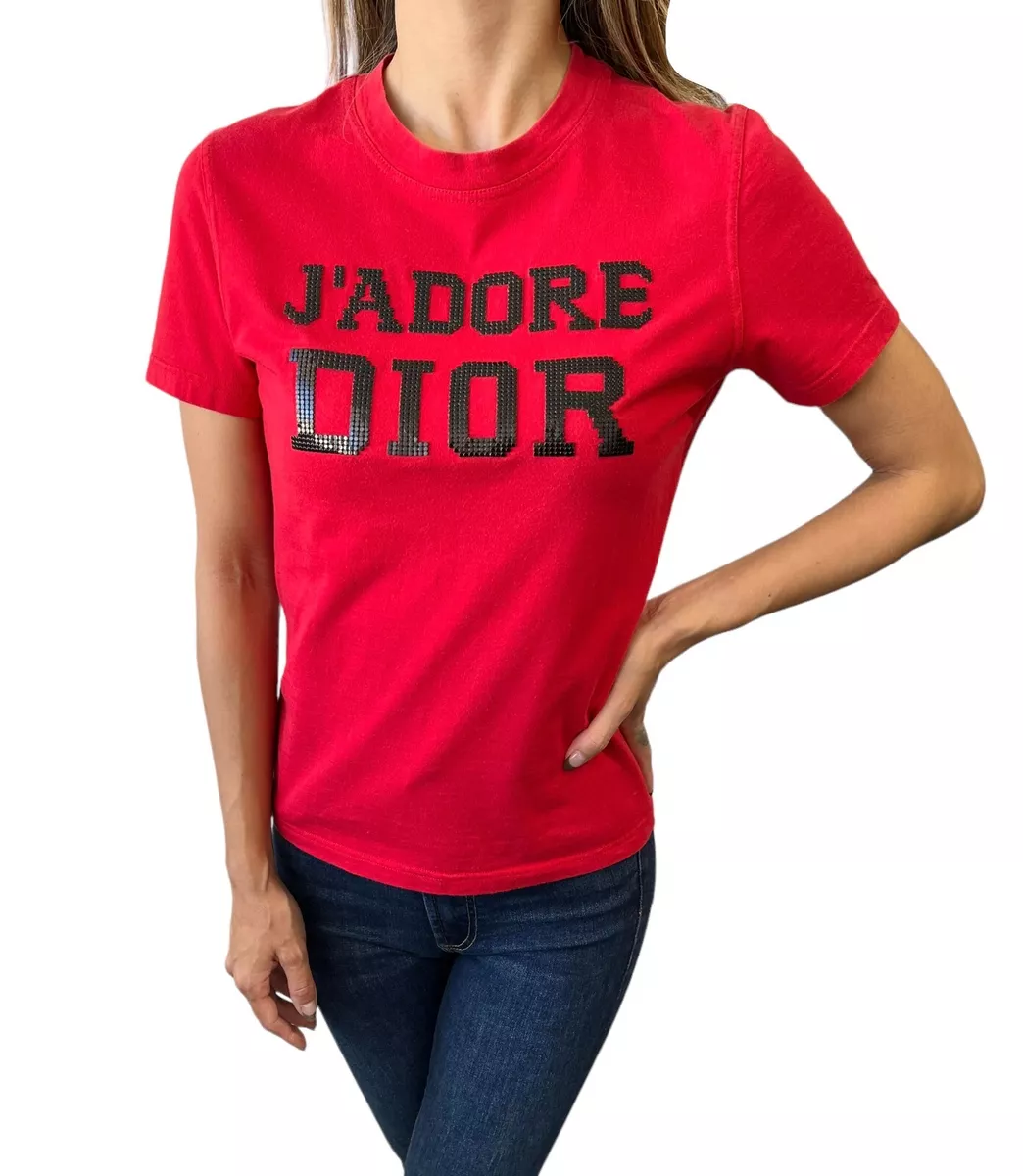 Christian Dior Vintage J ADORE Logo T shirt 42 Studs Red Black