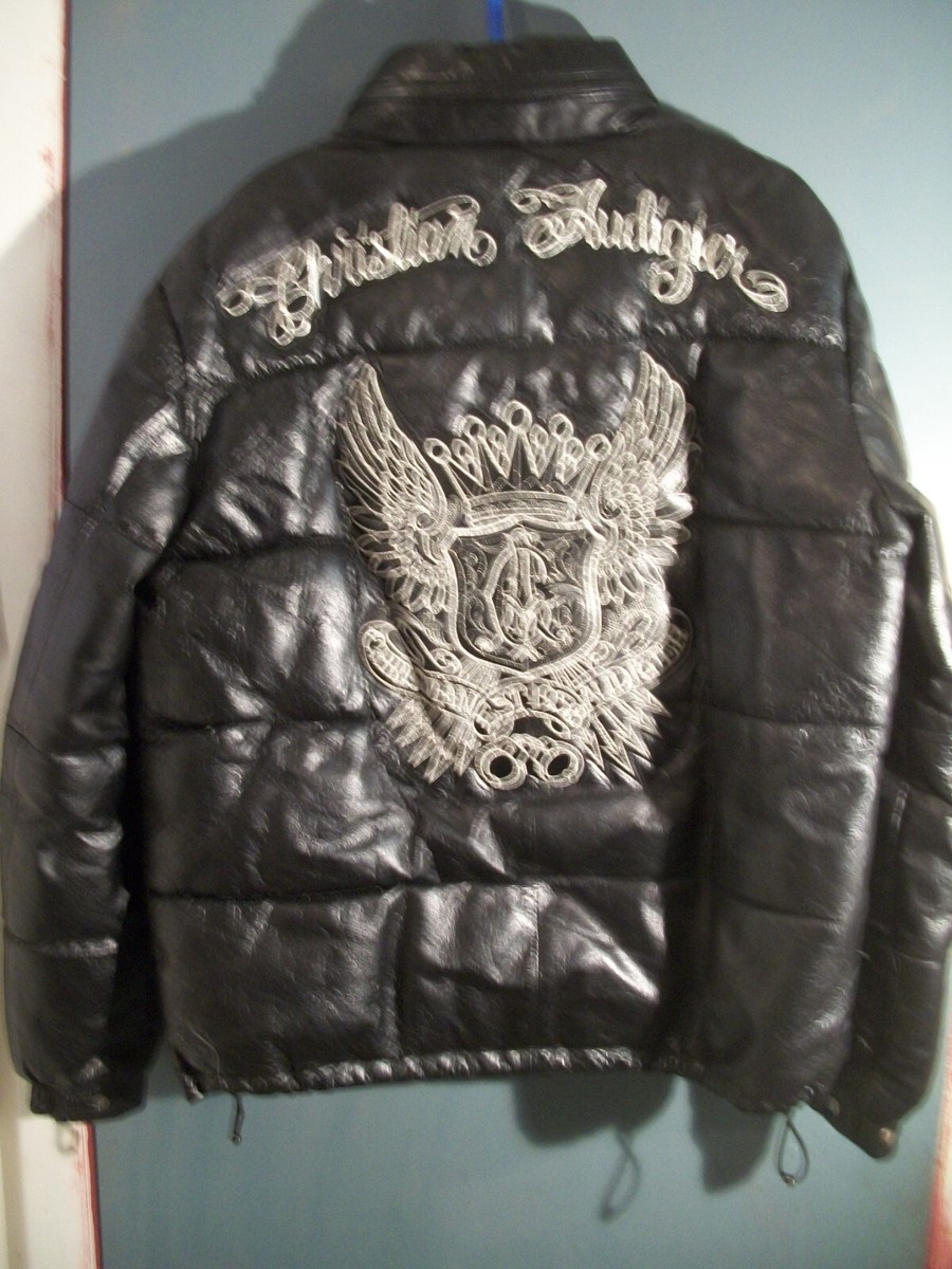 Christian Audigier Black Leather Jacket w/Hood RN119418 | eBay