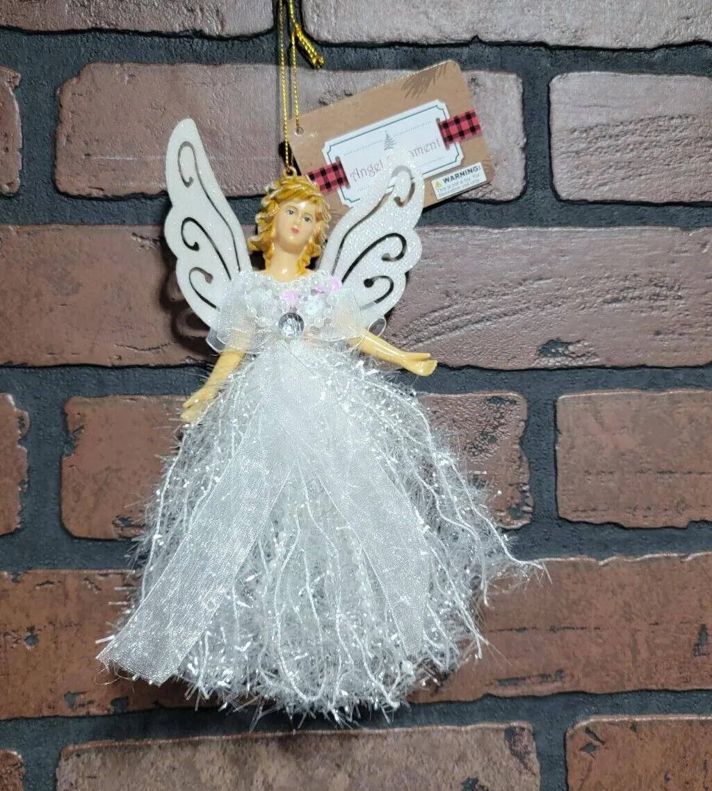 Angel Ornament ~ Holiday Decorations ~ White Tinsel, Beads, Jewel ~ 8 Inch