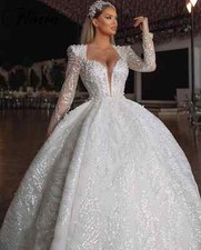 Customized Dubai Wedding Dress More Pearls Sequins Bridal Ball Gowns V-Neck 2025