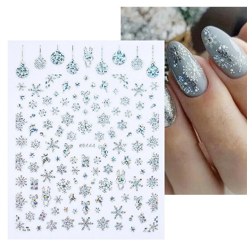 Nail Art Aufkleber Aufkleber Weihnachten SILBER Schneeflocken Bummeln Rentier Geschenke
