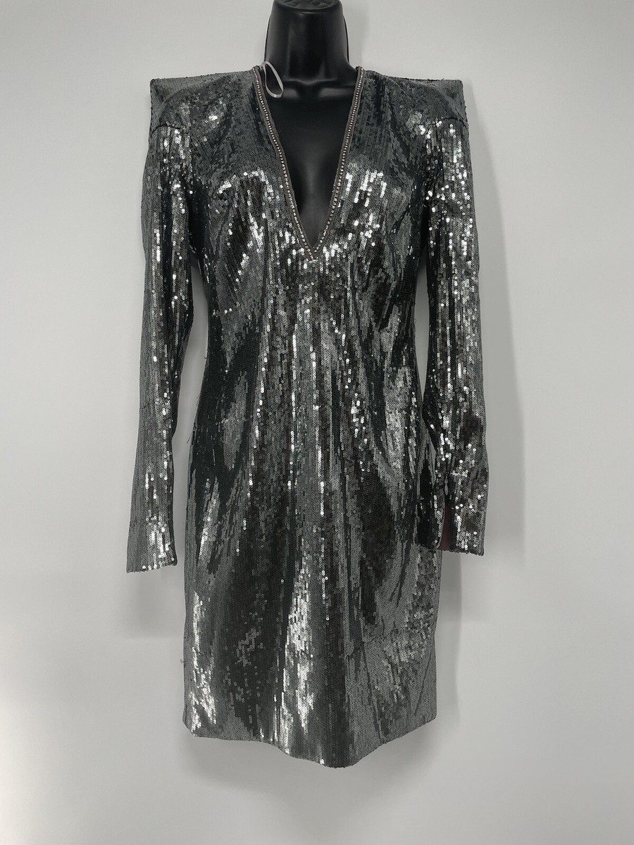Via Positano Sparkly Sequin Silver Long Sleeve Deep V Neck Bodycon Mini  Dress