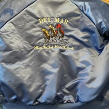 Vintage 80s Hartwell Blue Satin Bomber Button Front Snap Jacket DEL MAR Horse