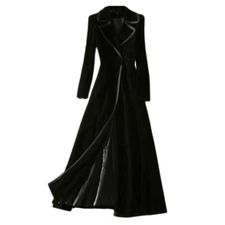 Womens Black Velvet Suit Lapel Collar Coats Trench Slim Maxi Outwear Overcoat 