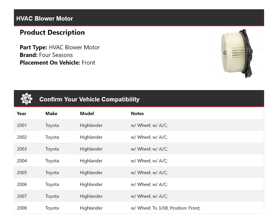 Motor soplador de climatización para Toyota Highlander 2001-2008 4 estaciones 2002 2003 2004 2005 Foto 2 de 4