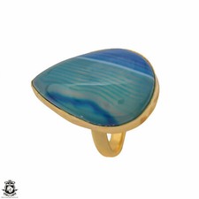 Size 9.5 - Size 11 Adjustable Blue Banded Agate 24K Gold Plated Ring GPR1168