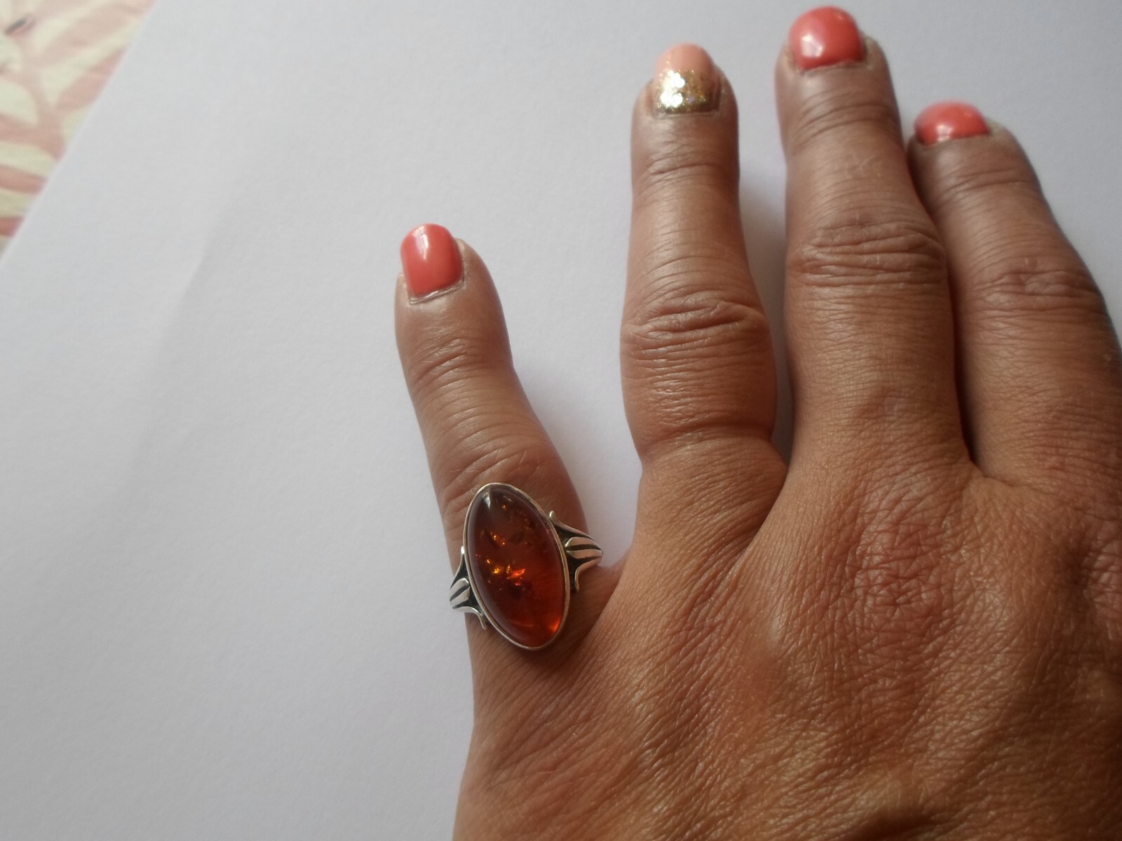 solid silver ring, amber honey shuttle, size 53 - image 4