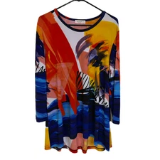 Jess and Jane Top Womens LargeShirt Blue Multi Abstract Tunic Long Sleeve EUC