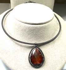 Fashion Necklace Faceted Amber Color Acrylic Gunmetal Torc Choker Pendant LOT 51