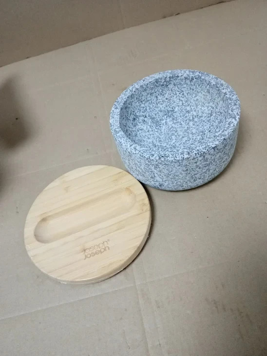 Joseph Joseph Dash Pestle Mortar Natural Granite Bamboo Lid Heavy Duty Grey