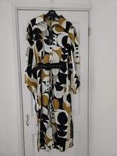 AX Paris Black/Cream/Gold Abstract Pattern Belted Shirt Dress Sz 10 NEW+TAGS