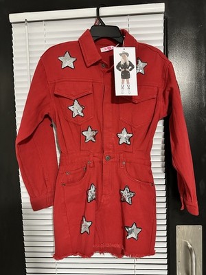 BuddyLove x Raelynn Red Silver Star Long Sleeve Collared Romper Button Closure