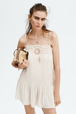 H&M Women Lace Panel Pintuck Mini Dress Cream S/S 2026 Strappy Square Neck NWT
