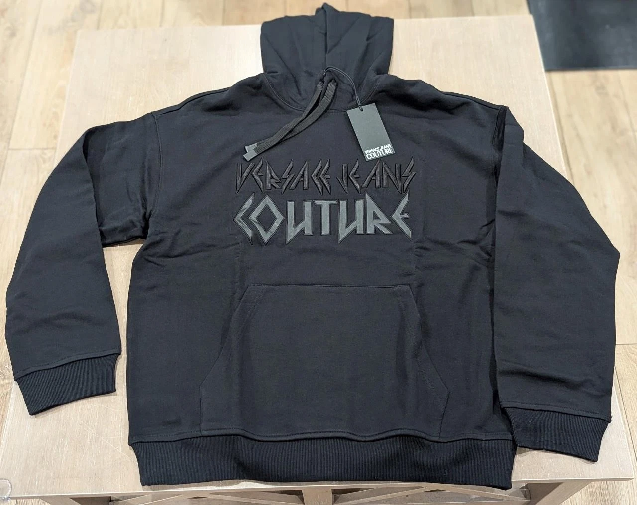 $375 Mens Versace Jeans Couture Tonal Logo Pullover Fleece Hoodie Black Medium