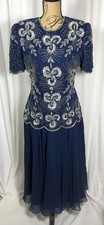Vintage Scala Evening Gown Dress Women Blue Chiffon Skirt Beaded Sequin Top Med