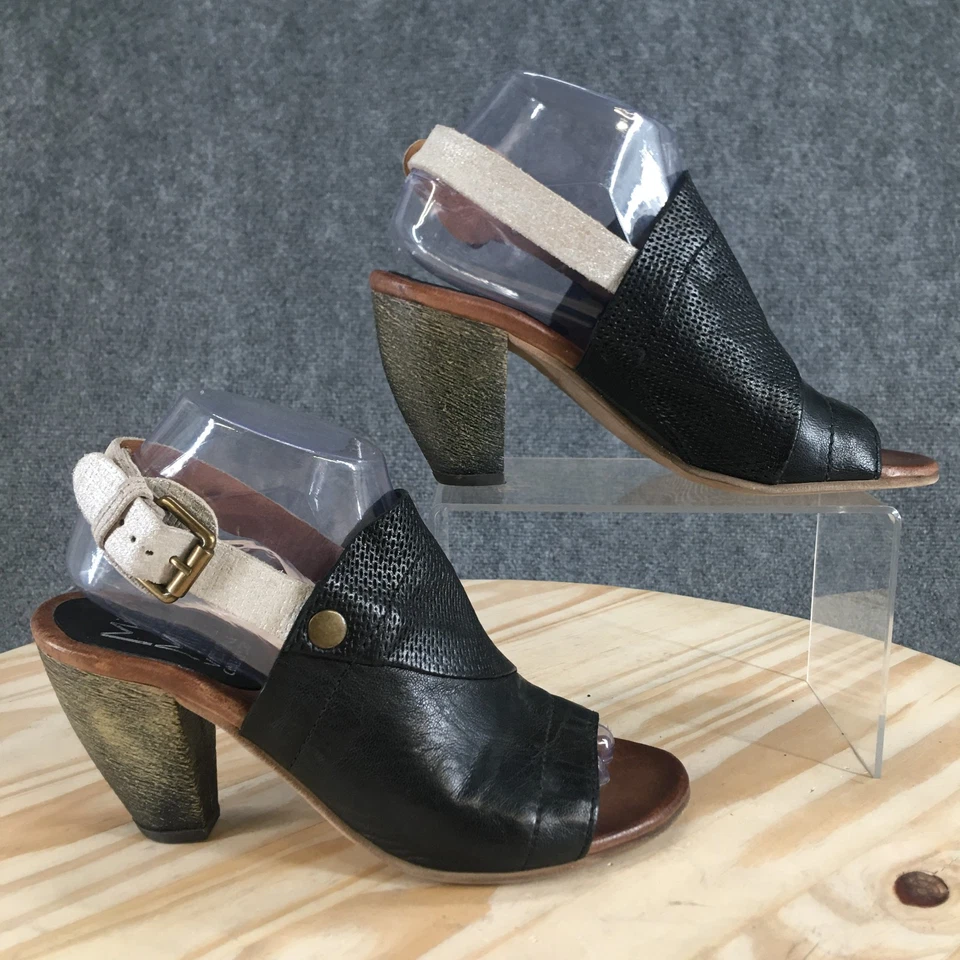 Miz Mooz Sandals Womens 39 Millicent Peep Toe Slingback Black Leather Heels - Image 2 of 4