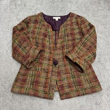 Coldwater Creek Tweed Blazer Jacket Womens P12 Brown Plaid Wool Blend Collarless