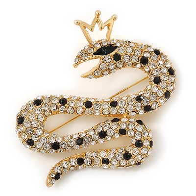 Queen Snake Black/Clear Diamante Brooch In Gold Plating - 5cm Width