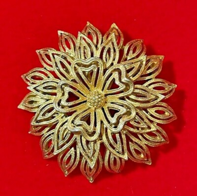 Vintage Lisner Mohnblume Blumenmuster Starburst Gold Ton Filigraner Brosche DD5