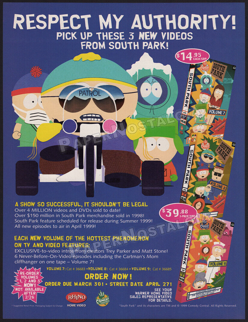 SOUTH PARK__Original 1999 Trade print AD ADVERT__Respect Sales results Direct stock discount No. 1 My Au