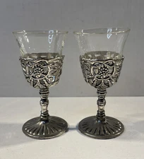 Vintage Pair Price Import Cordial Silver Glass Ornate Goblet Egg Shot Cups Bar