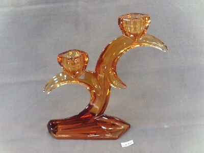 ancien bougeoir double en verre ou cristal ocre 2 bougies H: 17,5 cm (CK50) - Photo 1/4