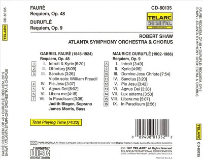 FAUR : REQUIEM, OP.48; DURUFL : REQUIEM, OP.9 NEW CD