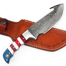 9" CUSTOM HANDMADE DAMASCUS TEXAS FLAG HANDLE KNIFE WITH LEATHER SHEATH I05