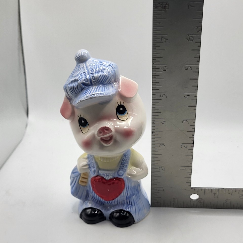 Cute piginoveralls ceramic piggy bank, 6" tall, heart on chest