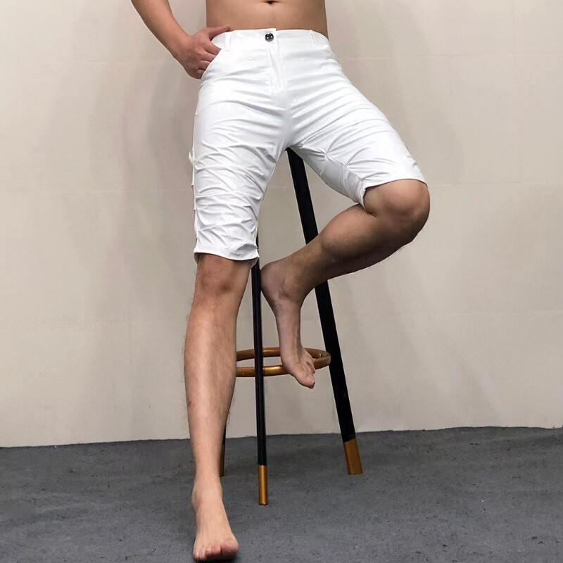 Men Crinkle Faux Leather Shorts Shiny Half Pants Trousers