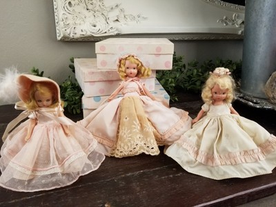 Vintage Set of Three Nancy Ann Storybook Frozen Leg Bisque Dolls with Boxes
