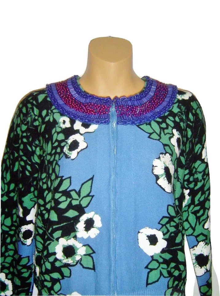 Tracy Reese Beaded Cardigan Blue Green Floral Purple Beads LSlve Snap Front Sz S - Image 2 of 4