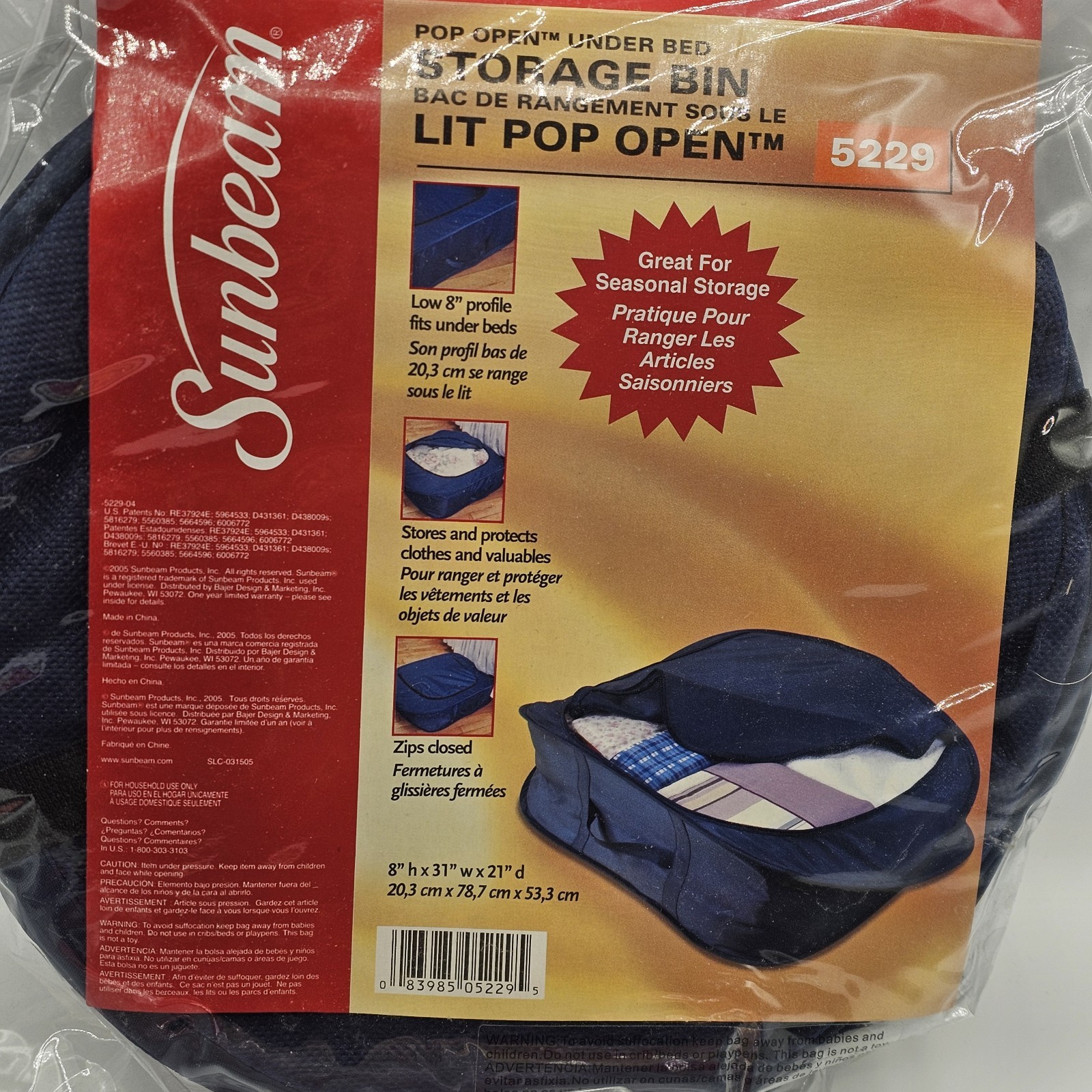 Sunbeam Under Bed Storage Bin 8” x 31” x 21” Pop Open Fabric Navy Lot of 2