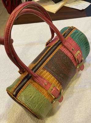 Etro Leather Barrel Multi Color Handbag Paisley Lizard Print Made in Italy