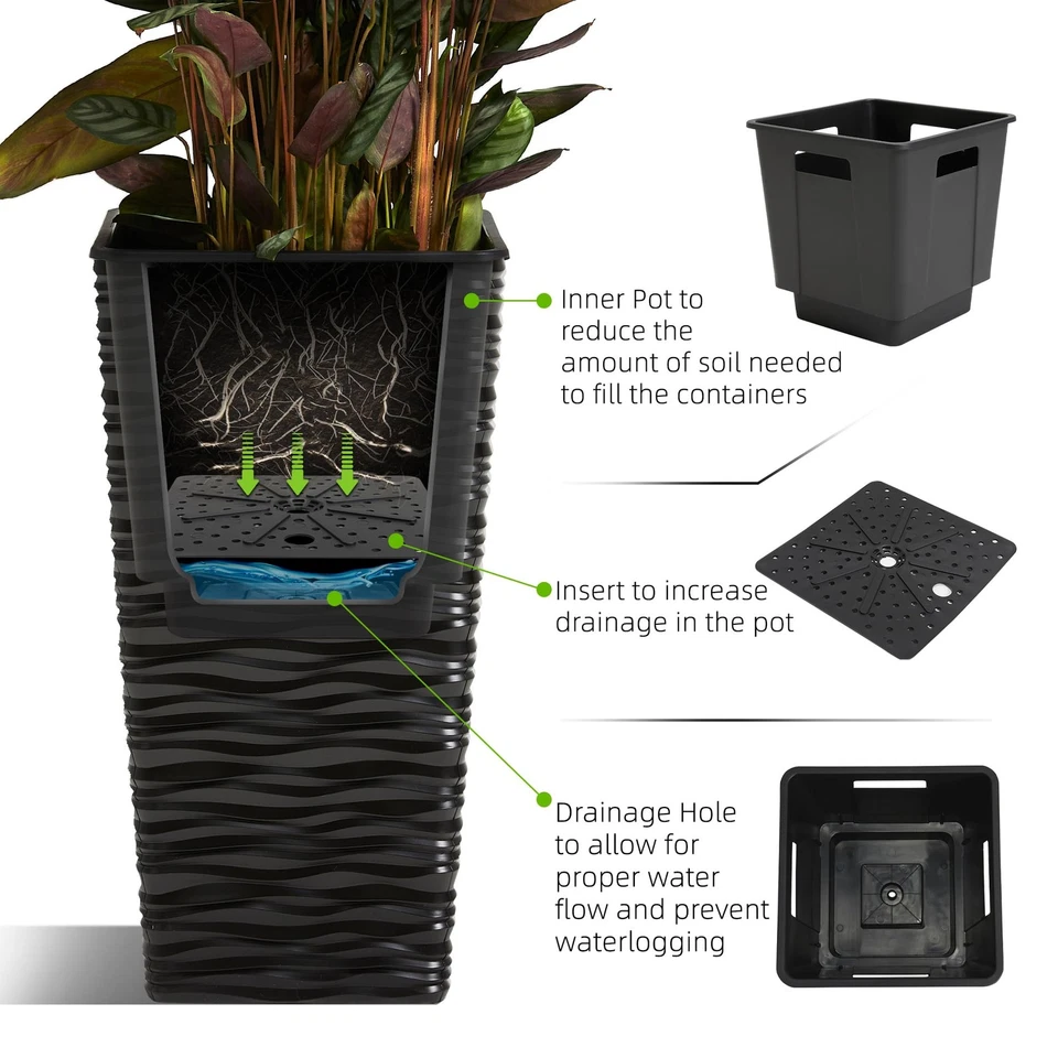 Pack de 2 jardineras cónicas cuadradas negras de 22" H. con macetas interiores - de plástico... Foto 4 de 4