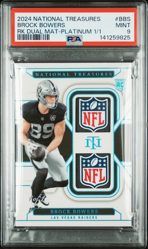 BROCK BOWERS PSA 9 2024 NATIONAL TREASURES ROOKIE DUAL SHIELD PATCH PLATINUM 1/1