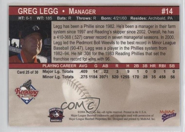 2004 MultiAd Sports Reading Phillies Greg Legg #25 - Image 2 of 2