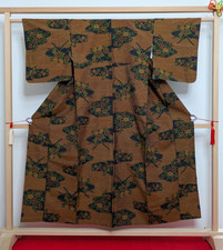 Authentic Japanese Tsumugi Silk Kimono Robe Brown Black Hand-woven Ready to Wear