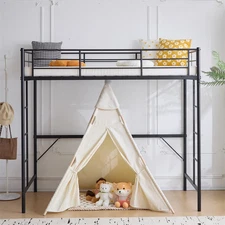 Metal Full Size Loft Bed Frame with Stairs & Full-Length Guardrail Black/White