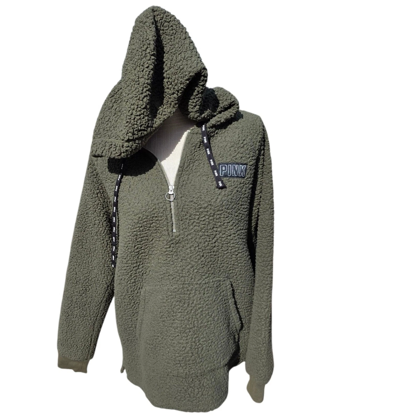 UNDERCOVER ROSA Victoria's Secret Sherpa Pullover Felpa con Cappuccio Mezza Zip Accogliente Caldo Oliva M