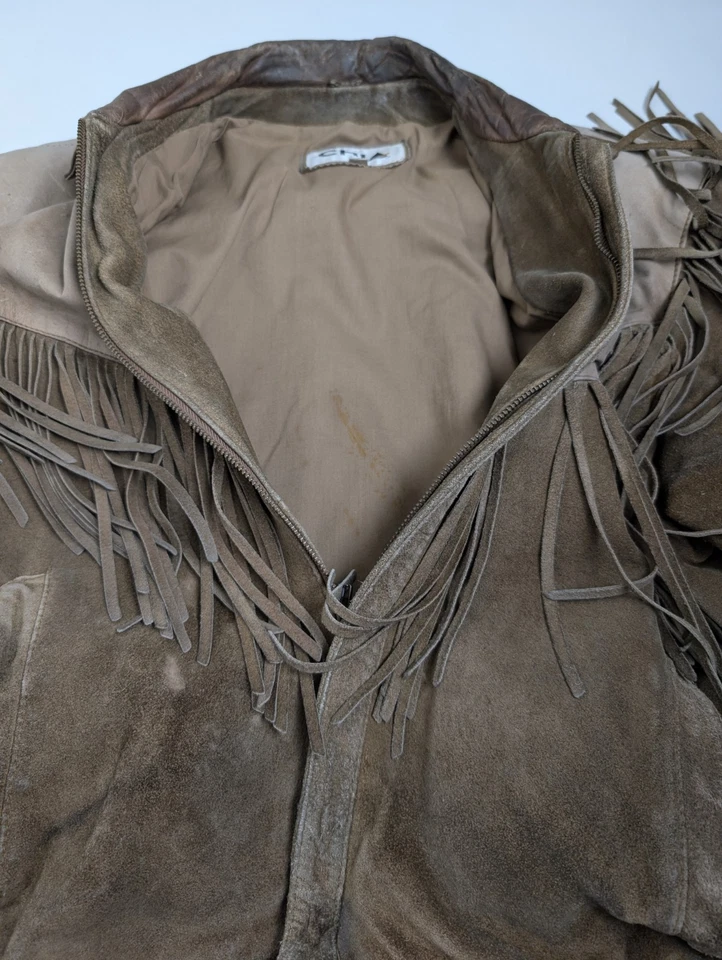 复古 CHIA 流苏皮革夹克韩国制造棕色西部 L — 第 3/4 张图片