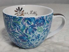 Lilly Pulitzer Large Ceramic Mug Coffe Cup Blue Floral Gold Trim Never Used