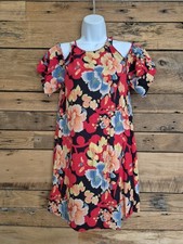 Womens LOFT floral Cold Shoulder Mini Shift Dress Sz XS Red, Multicolor Tropical
