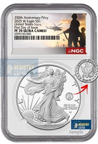 2025 S Proof $1 250th NAVY US  Privy Silver Eagle NGC PF70 UC - FIRST DAY ISSUE!