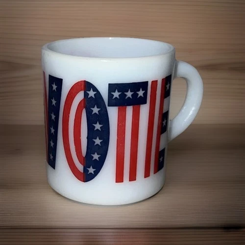 Vintage Milk Glass Coffee Tea Cup Mug Vote Try It You’ll Like It USA