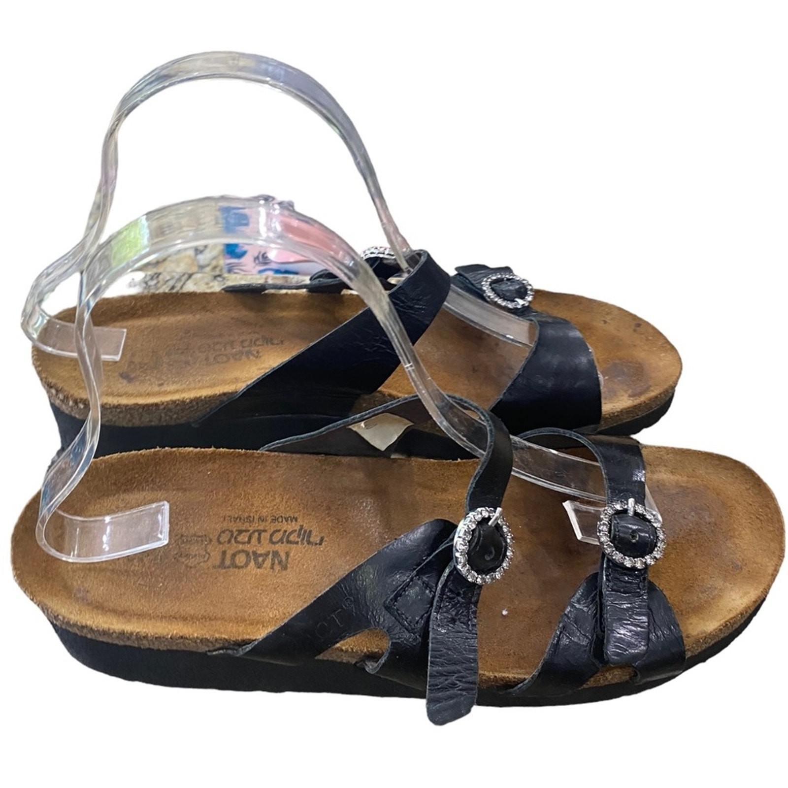 Naot Kate Black Leather Jewel Buckle Slide Wedge Sandals Size 40