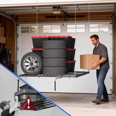 Overhead Garage Storage Rack 4x4 Ft w/ Hand Crank Lift, Carbon Steel 350lb Rated