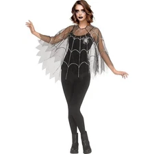 Womens Bling Crystal Poncho Black Cape Spider Web Vampire Halloween Easy Costume