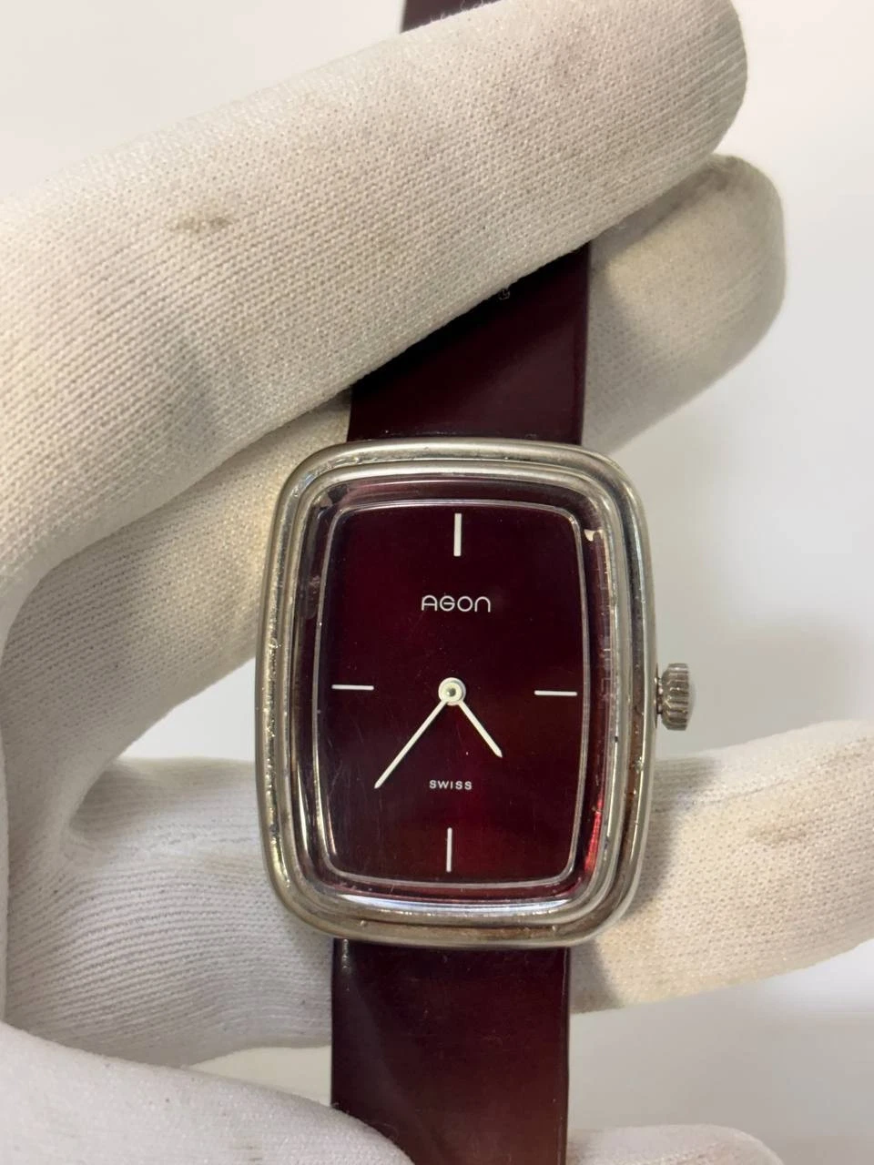 Vintage 1970s Agon Swiss Burgundy Dial TV Case Manual Wind Watch 31x37mm Tank image 5